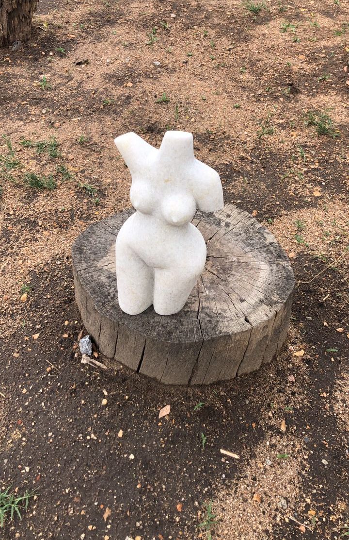 Artistic white sculpture of a female torso displayed on a wooden stump, surrounded by sandy soil and patches of grass in a natural outdoor setting.