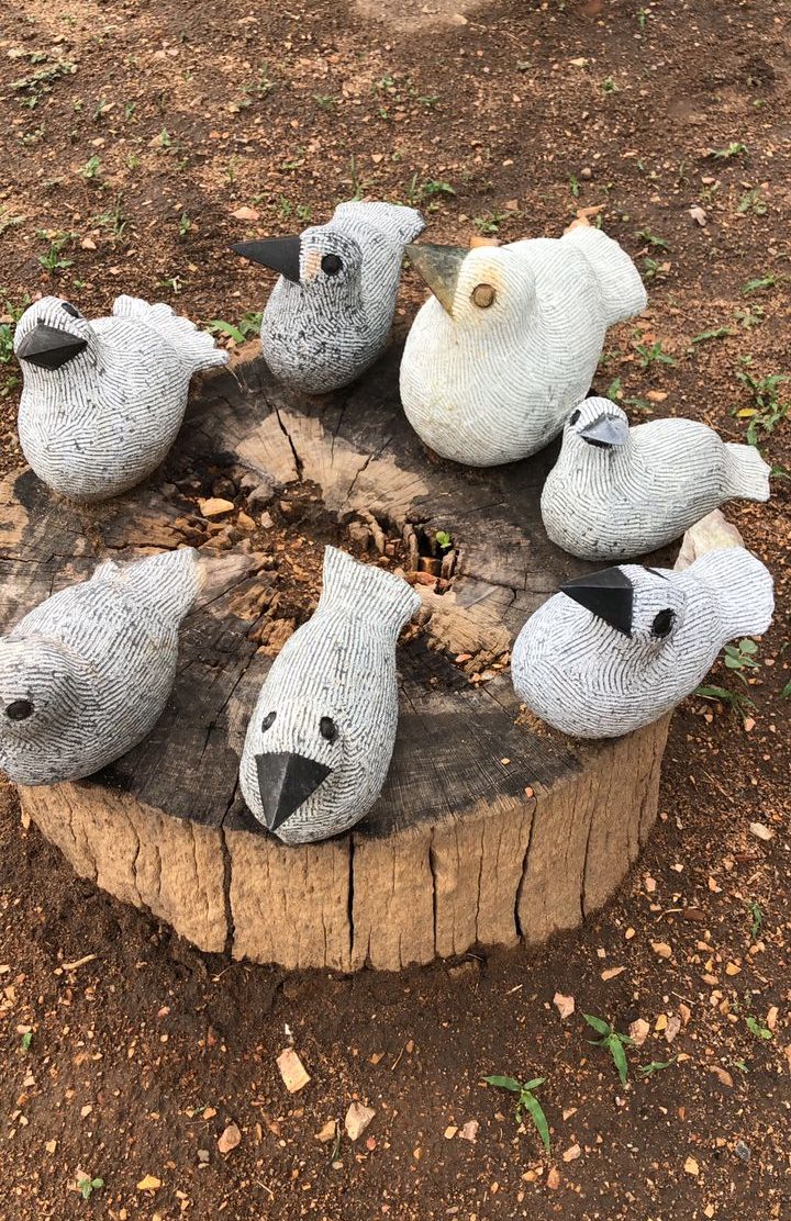 A group of seven textured black and white bird sculptures arranged on a wooden tree stump in a natural outdoor setting, surrounded by bare soil and grass.