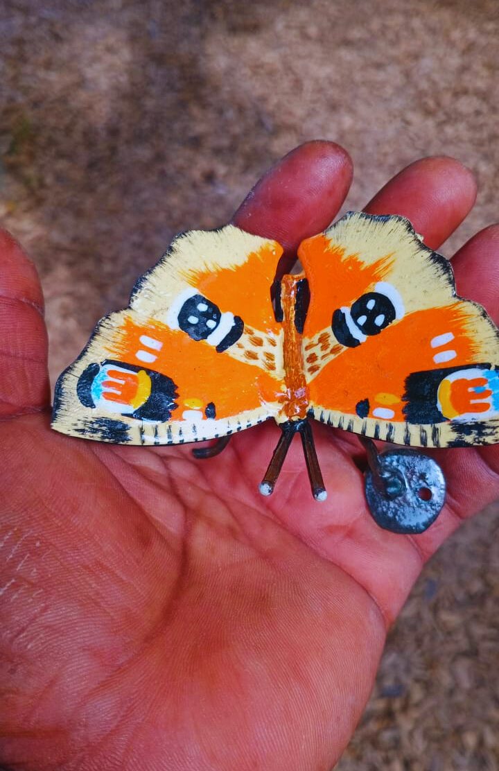 Close-up of a weathered human hand holding a colorful butterfly with orange wings and intricate black and blue patterns, set against a blurred natural background.